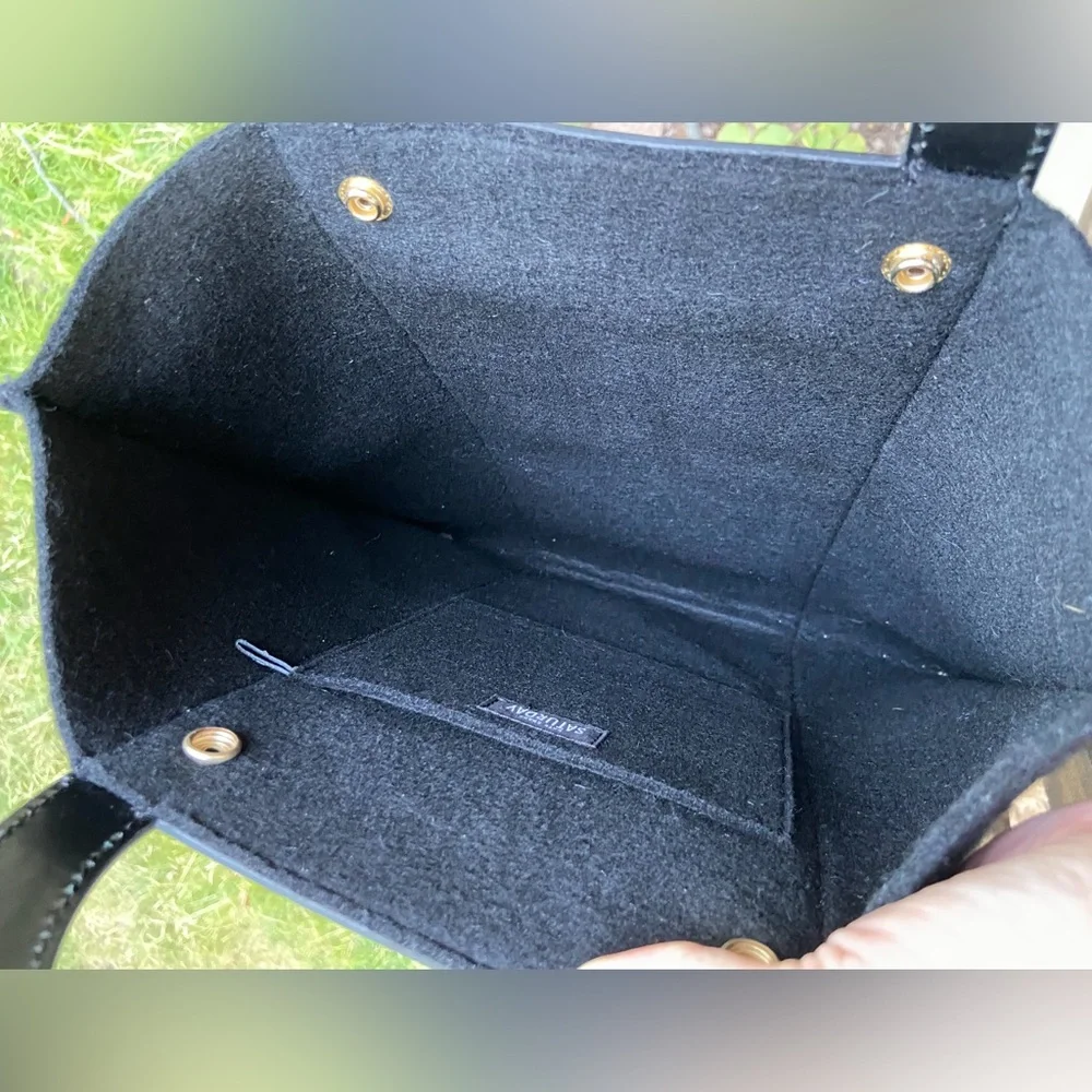 RARE Kate Spade Vintage Black Leather Felt Wool Saturday Tote & Cut Out Handles.